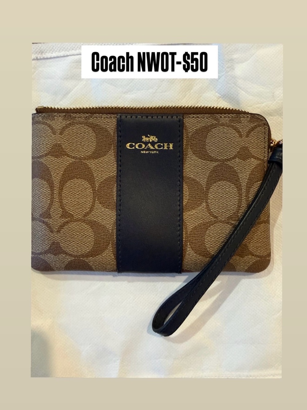 Coach Brown Signature Wristlet with Black Center Stripe